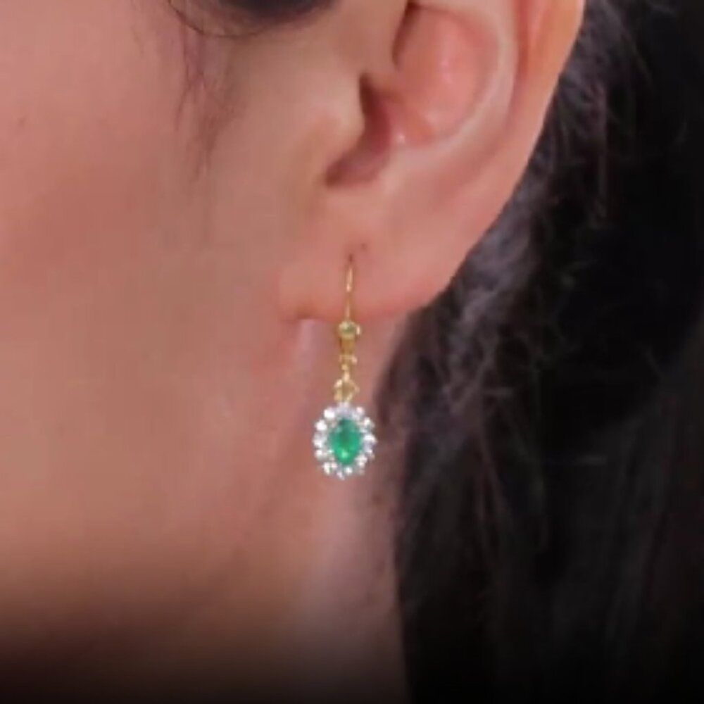 Genuine Kagem Zambian Emerald and White Zircon Sunburst Lever Back Earrings - Picture 2 of 3